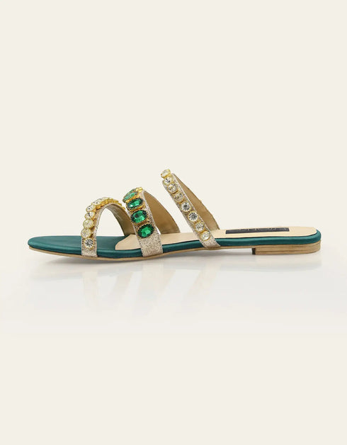 Jewel Green Embellished Triple-Strap Flat Sandals – Essence by Rubina